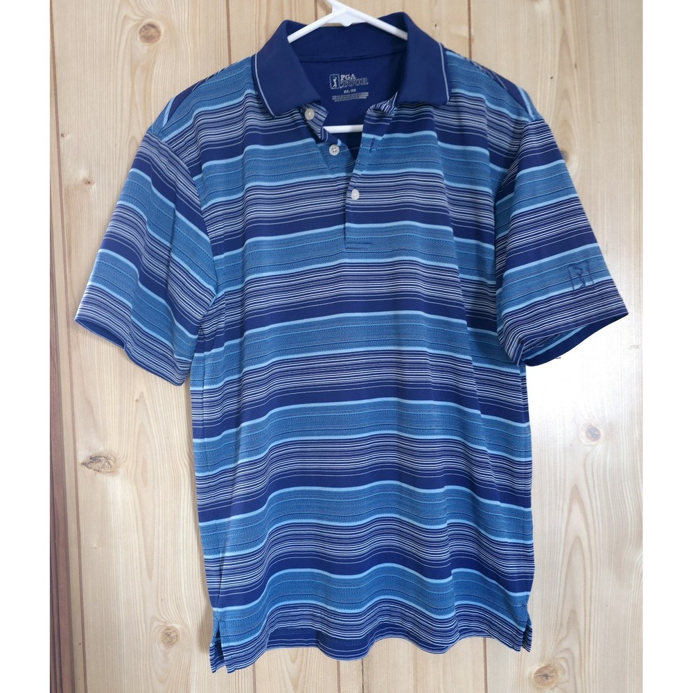 PGA TOUR Golf Polo‎ Shirt Mens M Blue Striped Performance Athletic